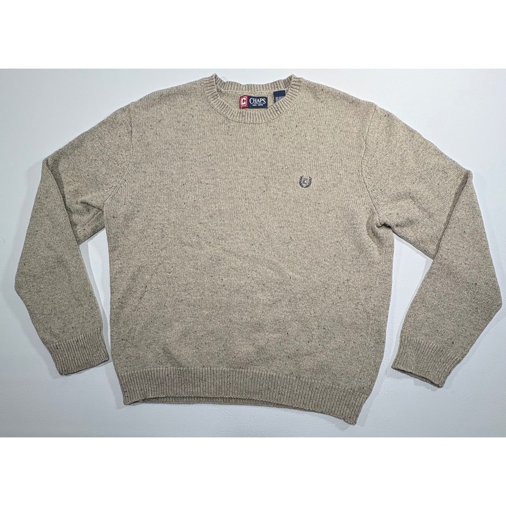 Chaps Mens Large Sweater Mushroom Heather Tan Crew Neck Cotton Blend Pullover